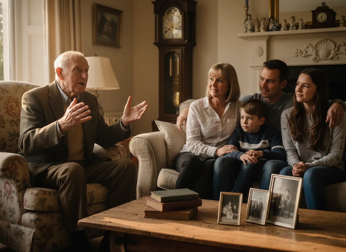 A multi-generation UK family seated together in a warm-lit living room, a grandparent in their early eighties mid-sentence telling a story, two adult children and two grandchildren listening