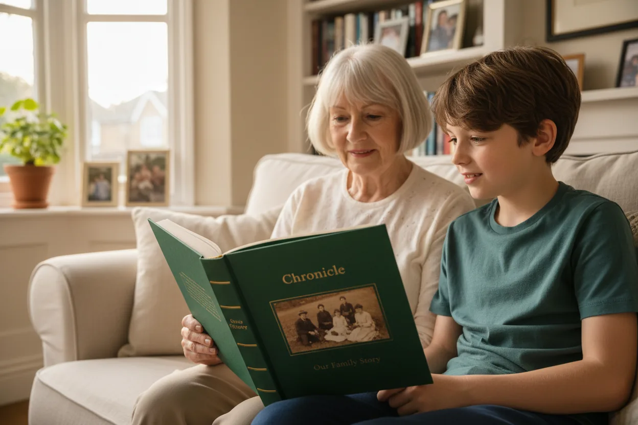 A grandparent and a young grandchild on a linen-coloured sofa, an open hardback memoir between them rotated to face them both, warm morning light through a London-suburb living-room window