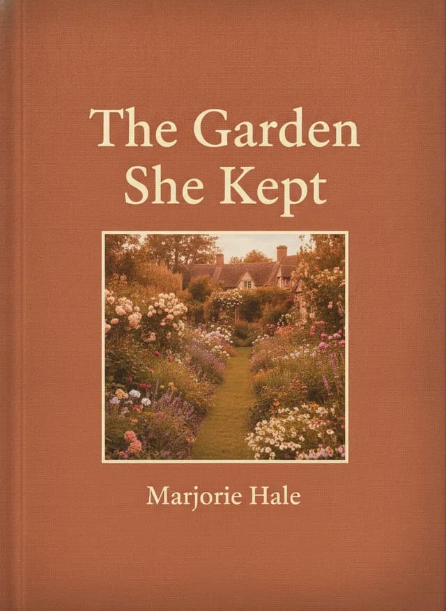 Example Chronicle cover – "The Garden She Kept" by Marjorie Hale, a warm terracotta cloth cover framing a colour photograph of a blooming English cottage garden, the cream serif title above