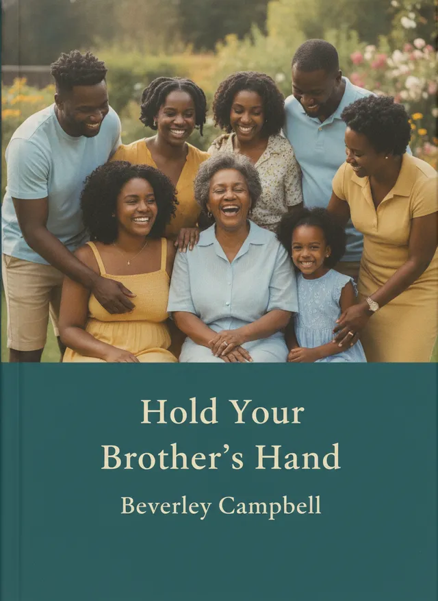 Example Chronicle cover – "Hold Your Brother's Hand" by Beverley Campbell, a candid colour photograph of a laughing Black British family of Caribbean heritage together outdoors in summer, above a deep-teal band carrying the cream serif title
