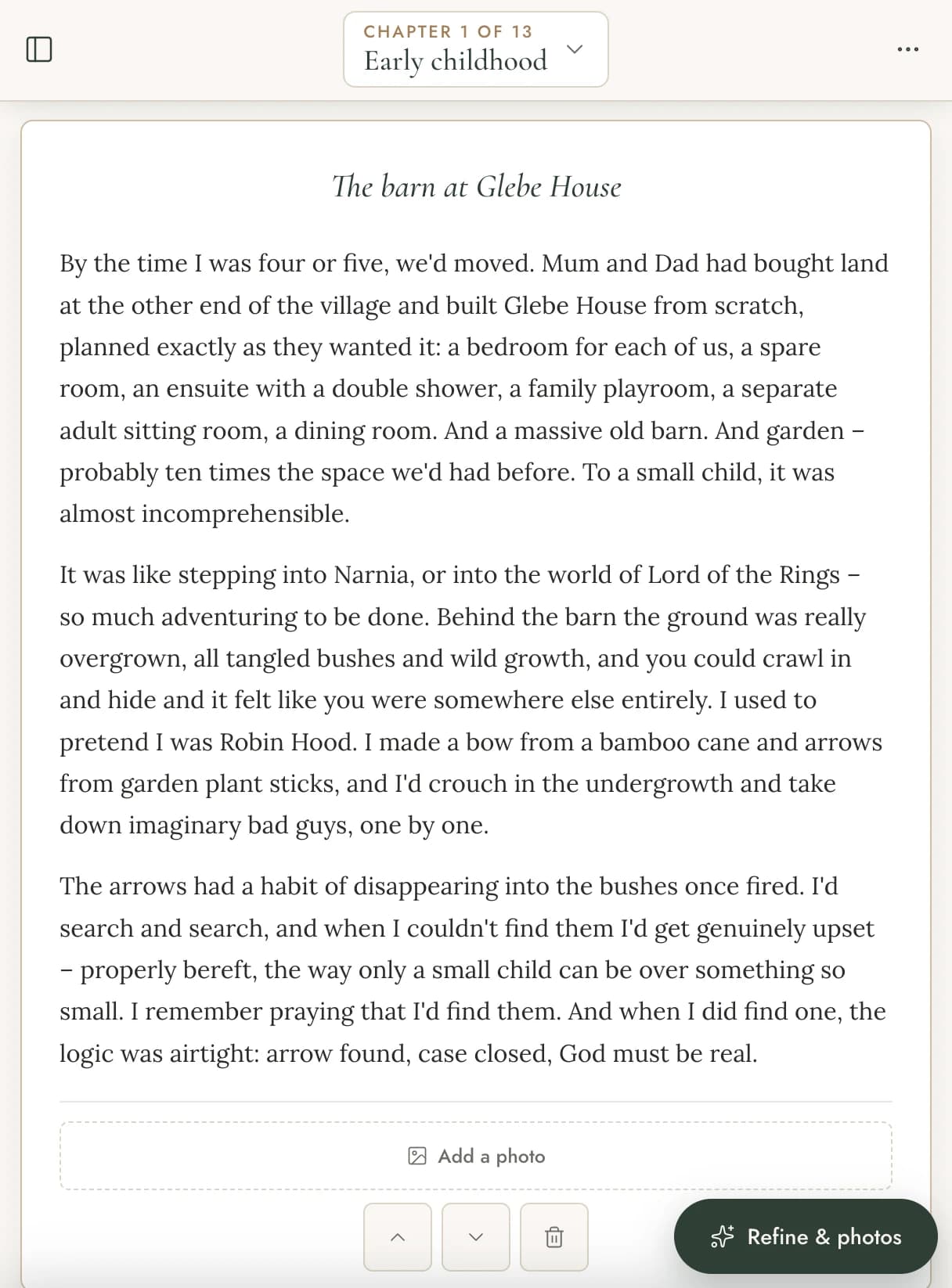 A finished Chronicle chapter on a phone – "The barn at Glebe House", written in the storyteller's own voice, with a button to refine or add photos