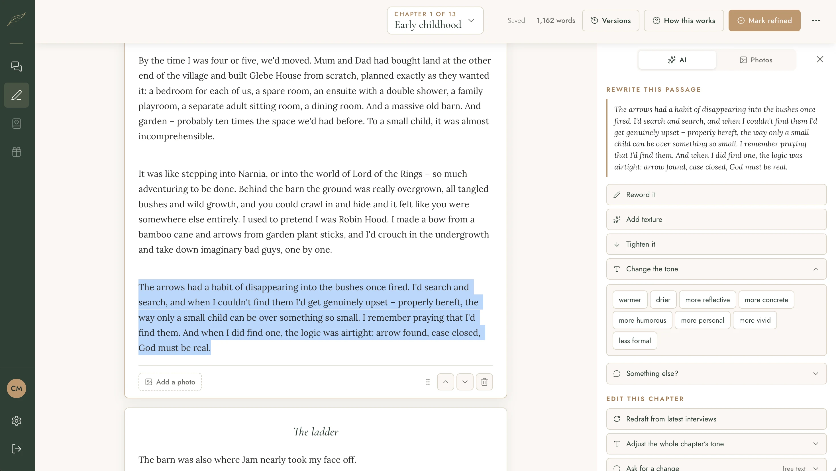 The Chronicle Refine screen on a laptop – the finished chapter "The barn at Glebe House" with a panel to reword, add texture, tighten or change the tone of a highlighted passage, ready to read, edit and approve
