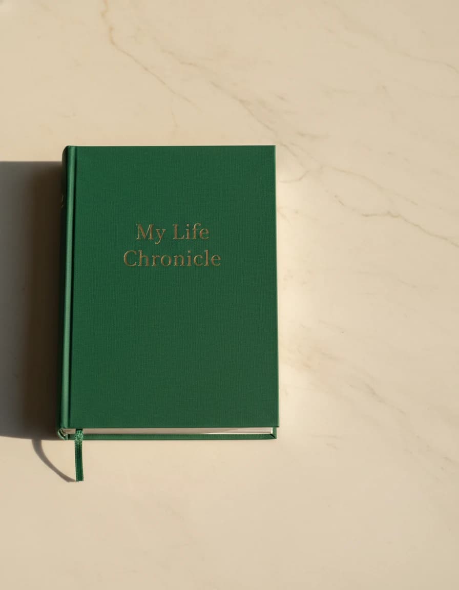 A forest-green Heirloom hardback memoir titled "My Life Chronicle" foil-stamped in muted gold, photographed straight on against warm marble