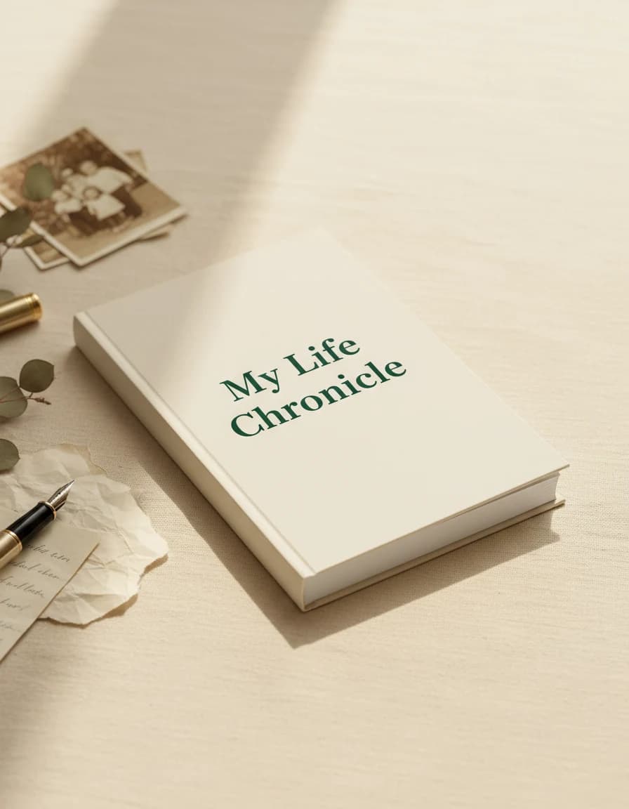 A cream Life Story softcover memoir titled "My Life Chronicle" in forest-green serif type, photographed at a soft angle on linen with a small stack of vintage family photographs, a fountain pen on writing paper and a sprig of dried eucalyptus nearby