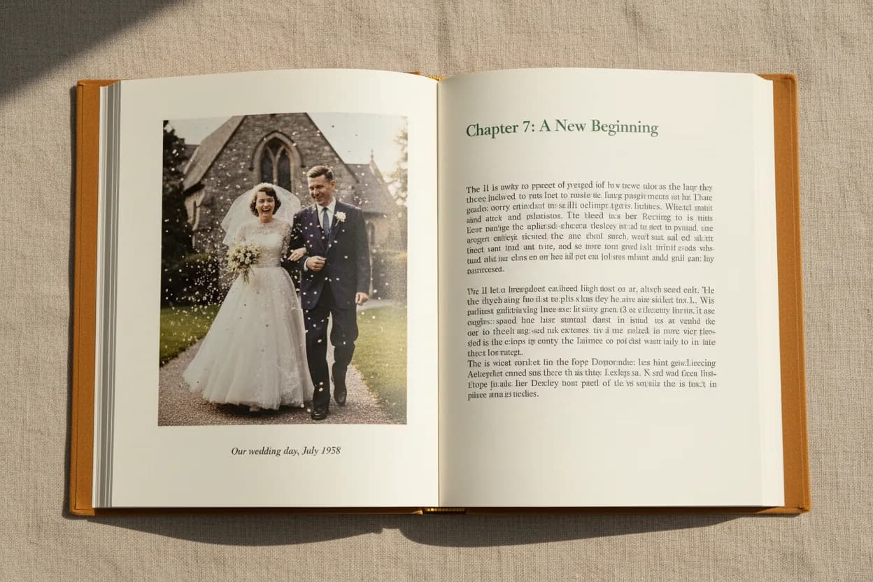 An open Memoir hardback showing a full-colour spread with a family photograph on the left page and chapter text on the right – no company branding on the page