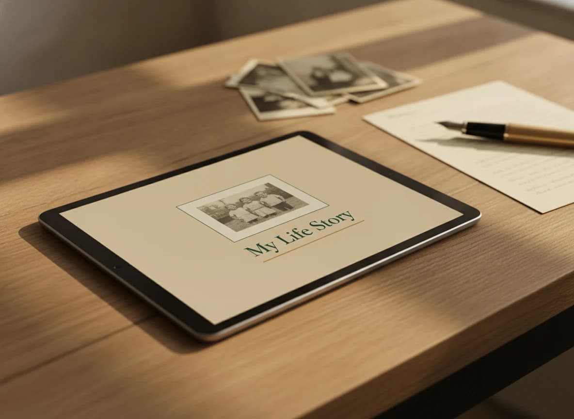 A tablet on a warm oak table showing the Life Story digital edition cover – a cream cover with a black-and-white family photograph and "My Life Story" in forest-green serif, old family photographs and a fountain pen nearby
