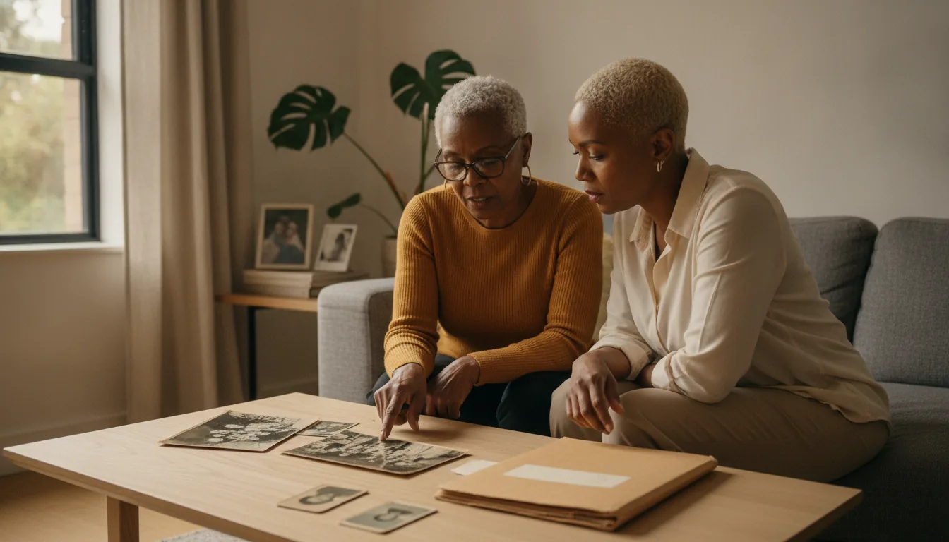 A Black British woman in her late seventies pointing out a face in an old photograph to her daughter, family documents and portraits spread on the table between them – Black British family history