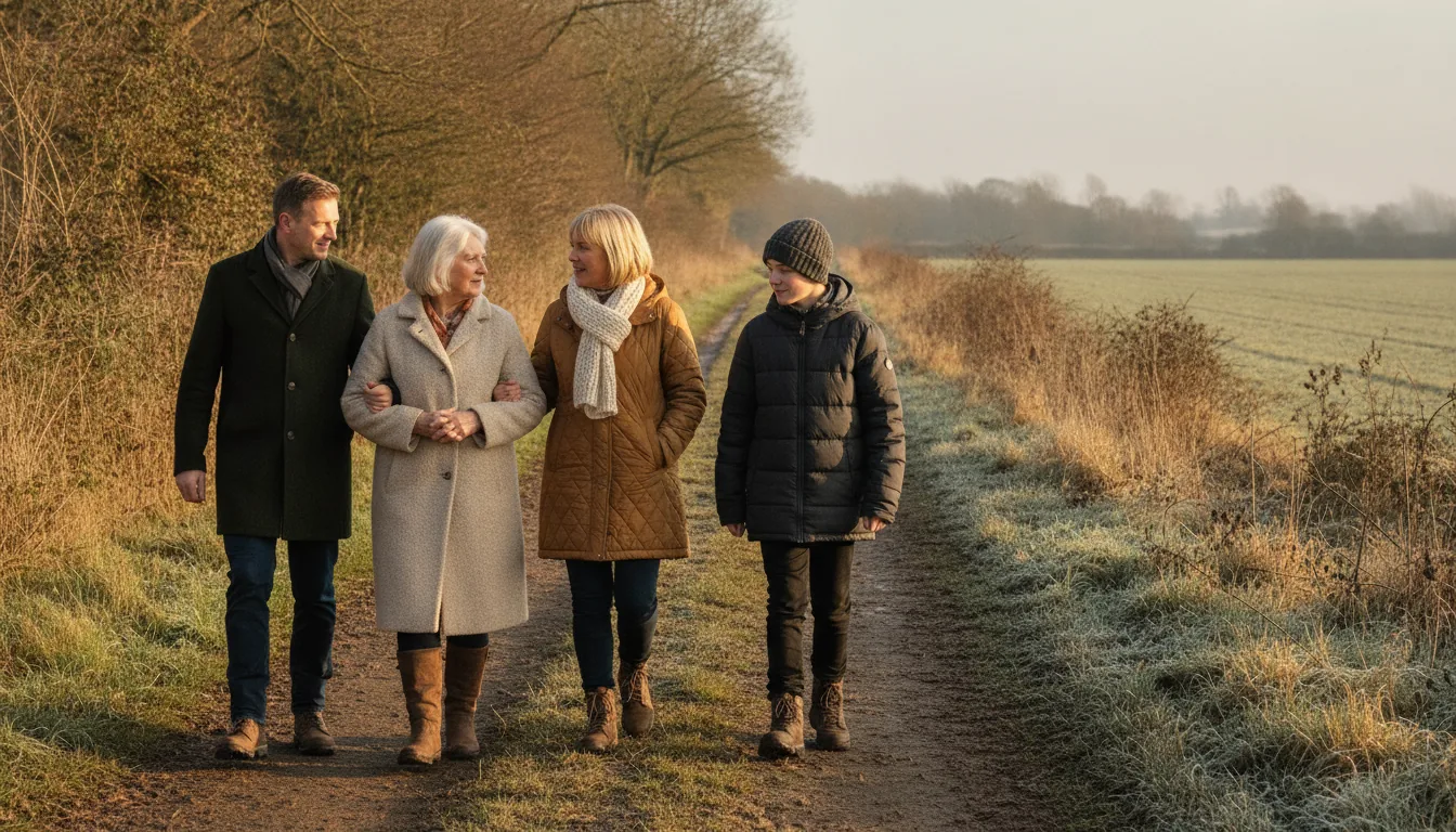 A family walking together along a frosty country path in low winter sunlight, getting through their first Christmas without a parent – an older woman arm in arm with her daughter, a man and a teenage grandson alongside them