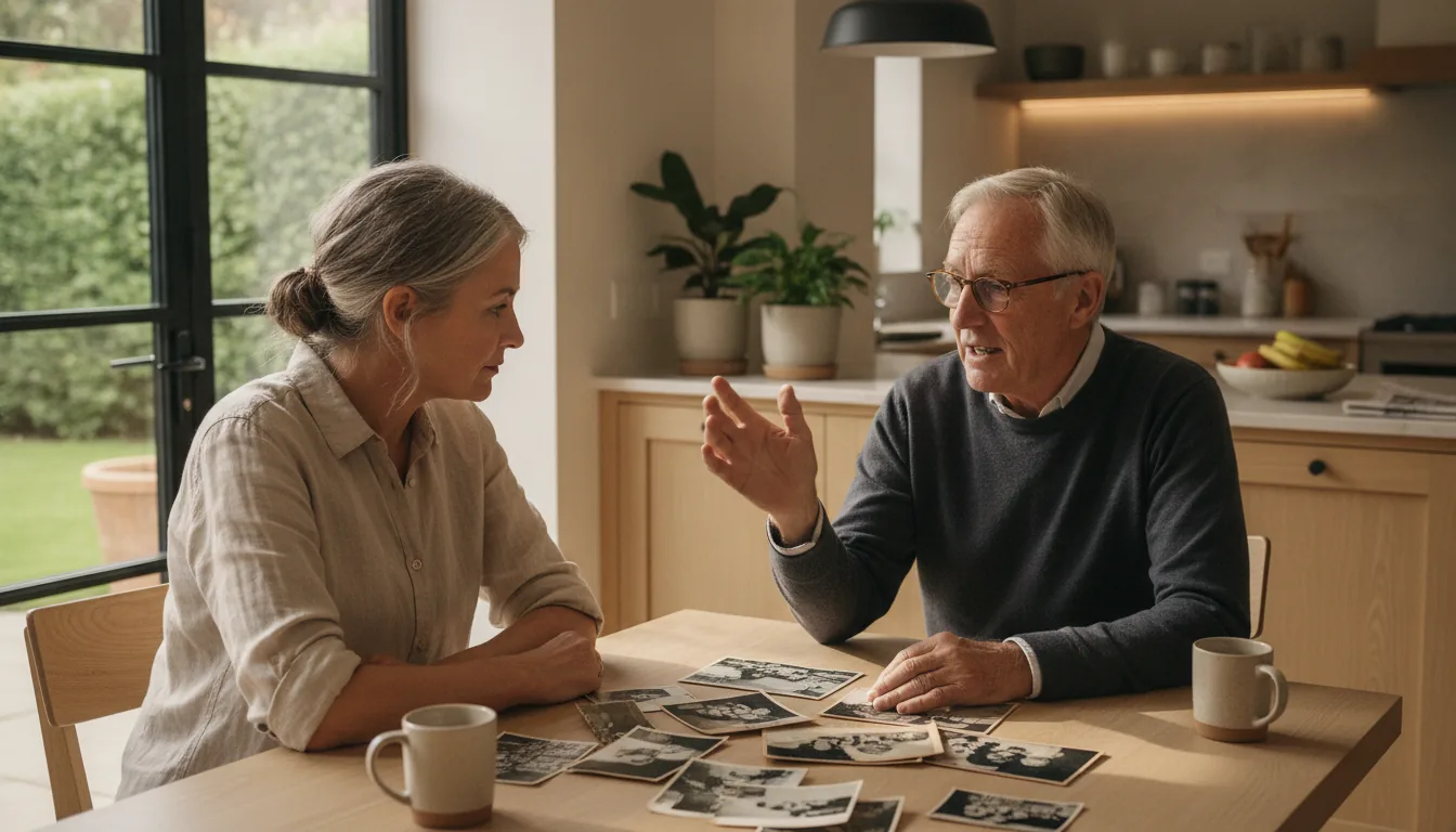 A woman in her fifties listening closely as her father in his late seventies tells a story over old family photographs at a modern kitchen table – how to get an elderly parent to talk about their past