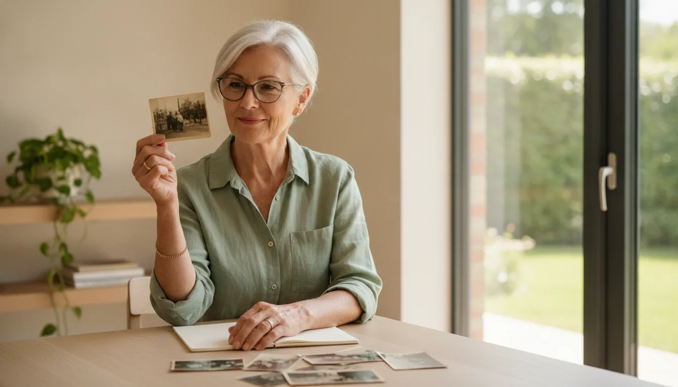 A woman in her late sixties holding up an old photograph with a look of recognition, an open notebook on the table in front of her – how to write your life story when you can't remember everything