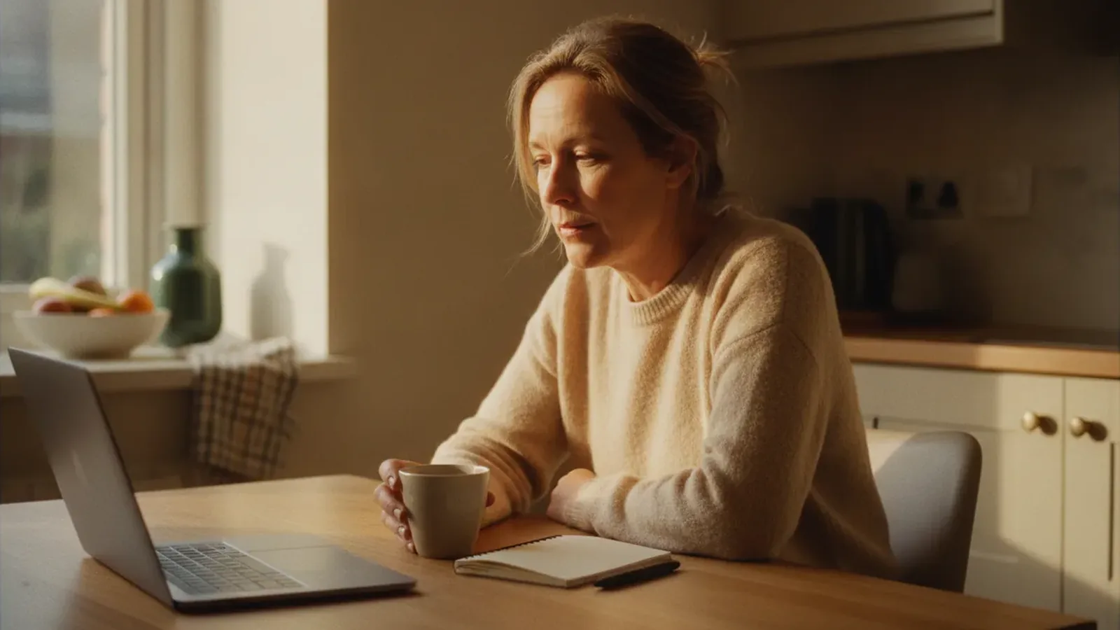 A woman in her fifties at a kitchen table in warm morning light with a laptop, a notebook and a mug of tea, working out which life story book service to choose