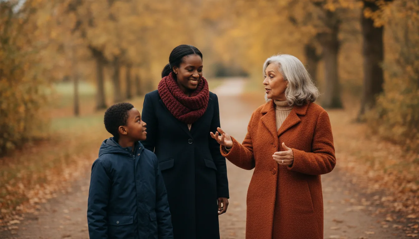 Three generations of a family walking through an autumn woodland, grandmother mid-story with her daughter and grandchild listening, amber and russet leaves all around them